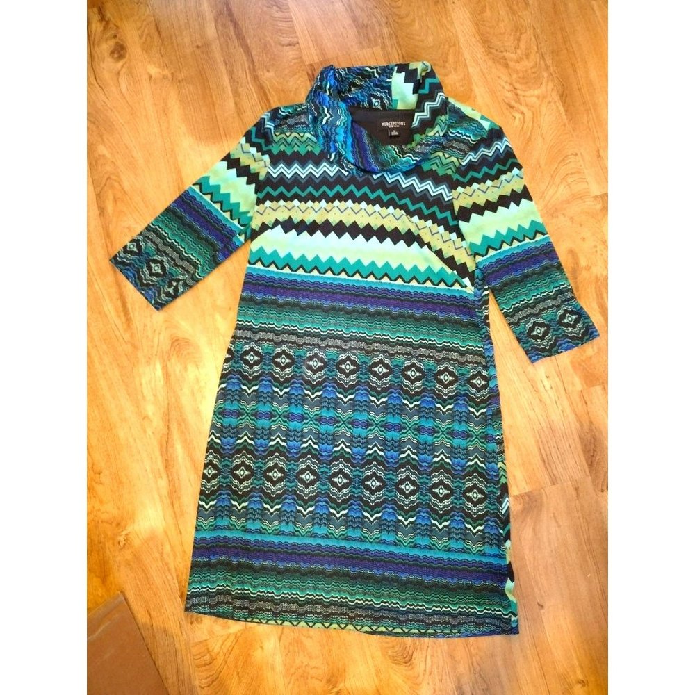 Perceptions New York Cowl Neck Dress, M, Green Blue Zig Zag, Tunic Sweater Dress